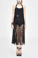 Robe Femme Sexy Halter à Mailles Noires Punk avec Troués et Peplum